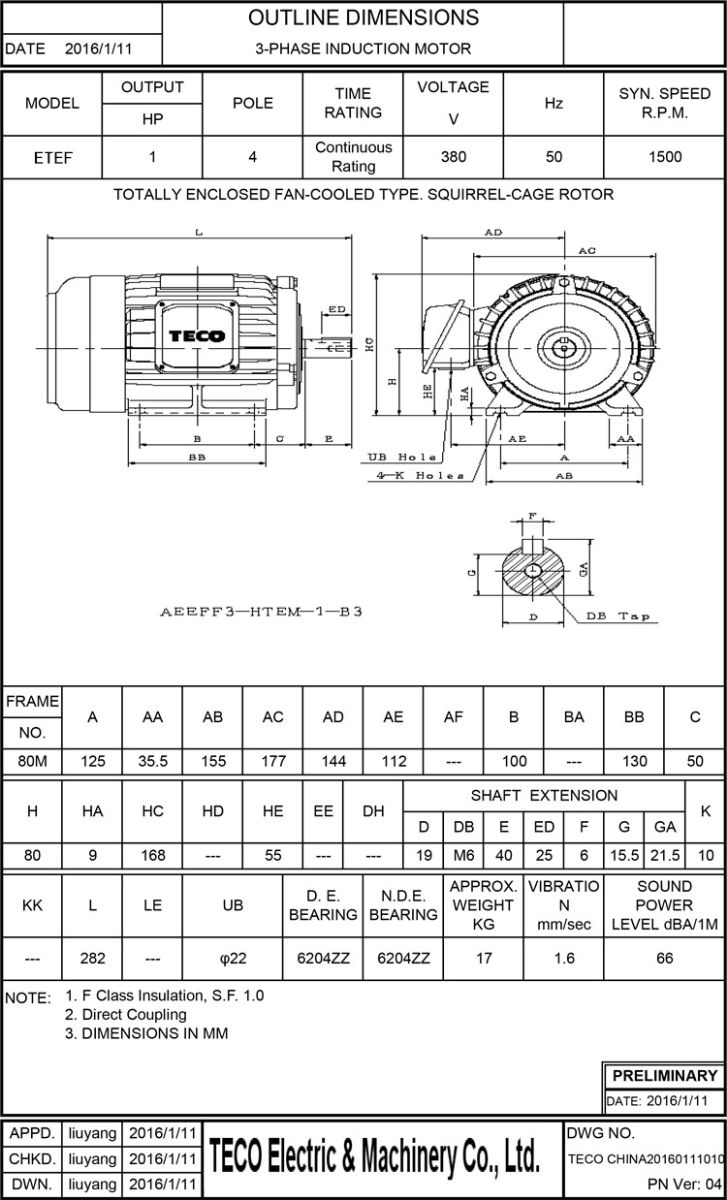東元1HP 4P 臥式剎車(chē)電機(jī)尺寸圖